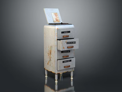 Vintage Rusted Metal Entryway Side Cabinet With Open Top Compartment And Drawers 3d model