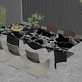 Modern Dining Table Set With Black Marble Top Chairs Fruit Platter Vase And Green Plants