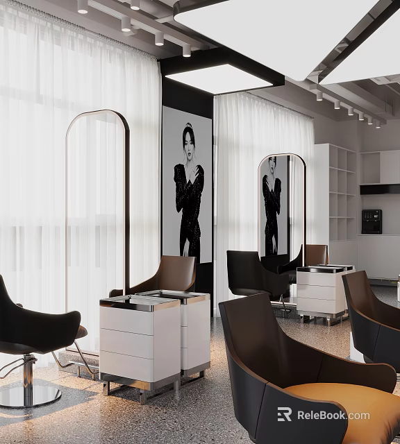 Modern Hair Salon Interior With Styling Chairs Mirrors Black White Decor and Wall 3d model 