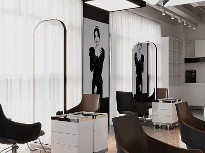 Modern Hair Salon Interior With Styling Chairs Mirrors Black White Decor and Wall 3d model