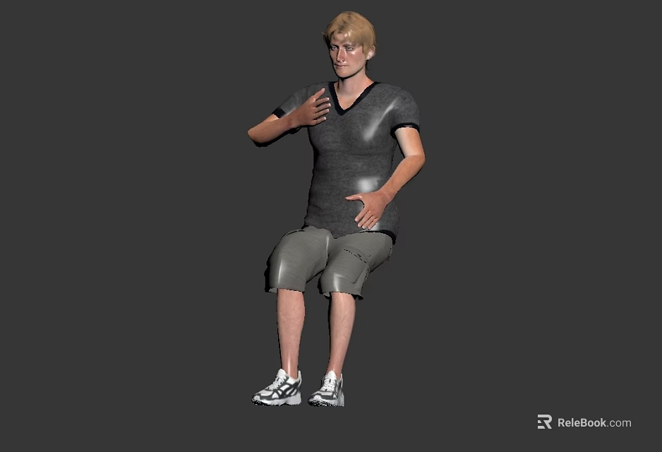 Casual Man in Gray T shirt and Shorts Sitting with Hand on Chest 3d model 