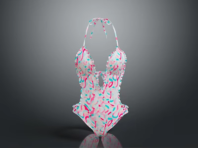 Fashionable One Piece Swimsuit With White Base Colorful Sprinkles Print Halter Neck Deep V Design 3d model