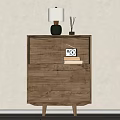 Wooden Storage Cabinet with Drawers Open Shelf Table Lamp Diffuser Radio and Books on Top