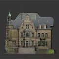 European Style Detached Villa With Steep Roof Tower And Ornate Brick Stone Exterior
