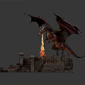 Red Winged Dragon Breathing Fire Over Detailed Medieval Castle Model