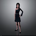 Woman In Black One Shoulder Dress With Belt And Black Shoes On Gray Background