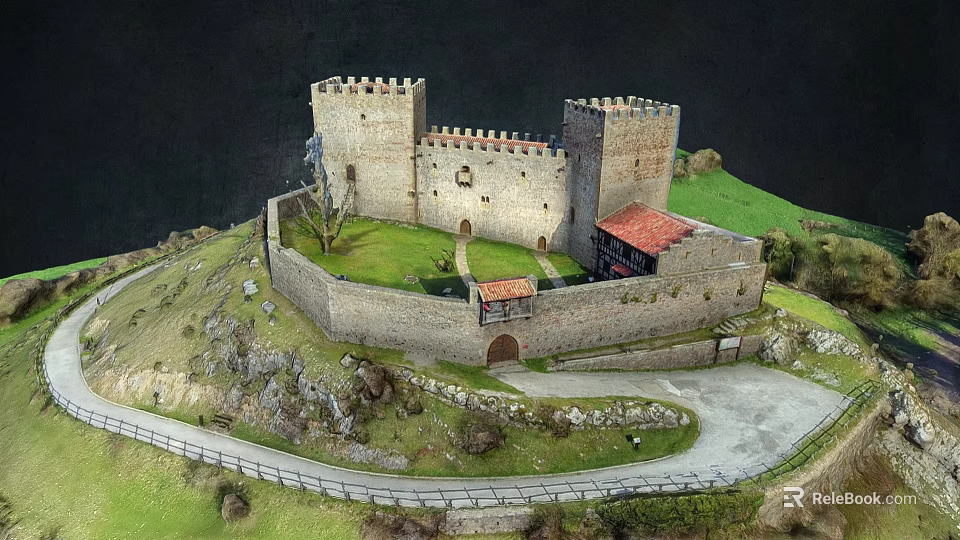 Medieval Castle Architecture With Stone Walls Towers On Green Hill And Path 3d model 
