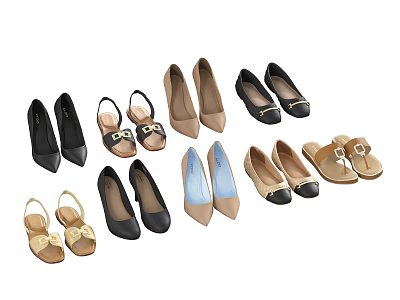 Women's Stylish Shoes Collection Featuring High Heels Flats Sandals In Black Beige Brown 3d model