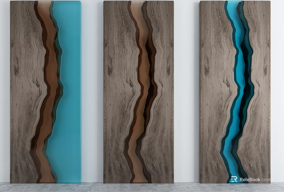 Stone and Wood Wall Art Panels With Blue Resin Accents For Modern Home Decor 3d model 