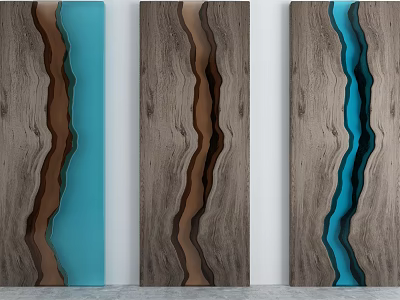 Stone and Wood Wall Art Panels With Blue Resin Accents For Modern Home Decor 3d model