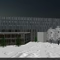 Modern Office Building With Glass Curtain Wall Night Lighting And Trees On Snowy Ground