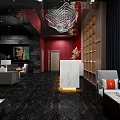 Elegant Hotel Lobby Interior With Red Wall Modern Chinese Decor And Marble Reception Desk