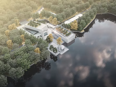 Modern Sales Office Building Surrounded by Lush Trees and Serene Waterfront Landscape 3d model