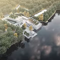 Modern Sales Office Building Surrounded by Lush Trees and Serene Waterfront Landscape