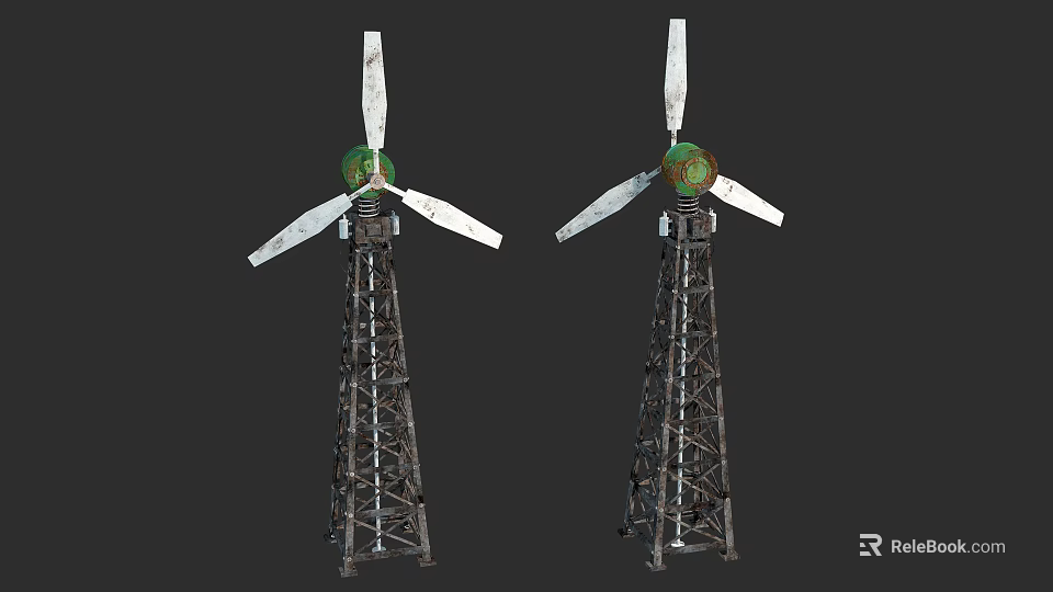 Two Wind Turbines With Metal Tower Structure And Green Blades Design 3d model 
