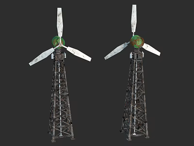 Two Wind Turbines With Metal Tower Structure And Green Blades Design 3d model