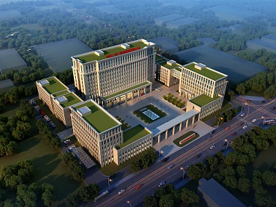 Aerial Planning of Modern Building Complex With Green Roofs Central Square Surrounding Roads and Trees 3d model