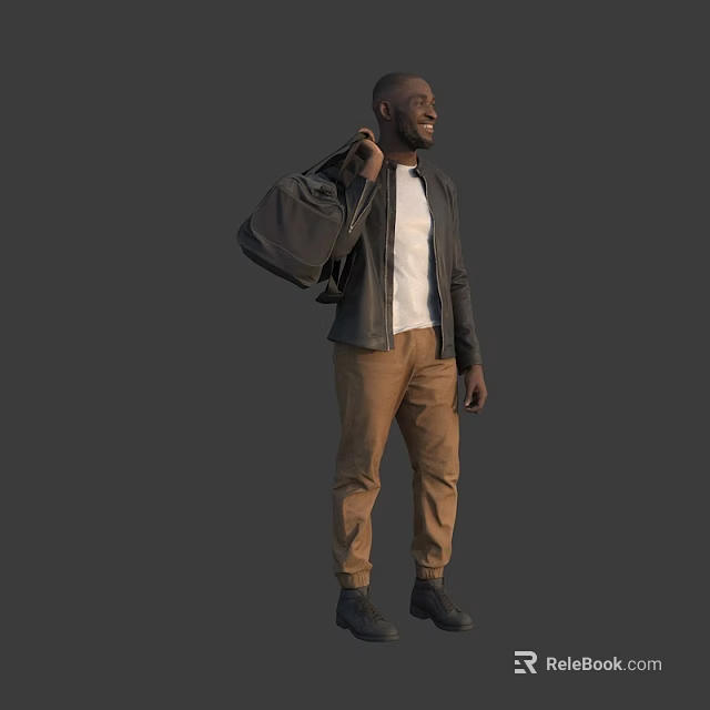 Man Carrying Black Backpack Wearing Black Jacket White T-shirt And Brown Pants 3d model 