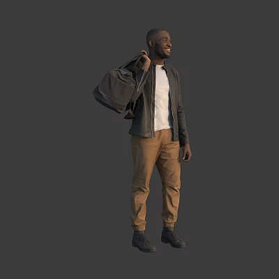 Man Carrying Black Backpack Wearing Black Jacket White T-shirt And Brown Pants 3d model