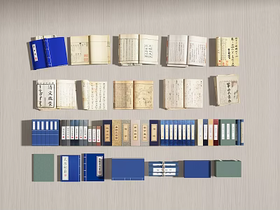 Various Colored Books and Magazines Collection with Blue Green Beige Covers Open Stacked Neatly Arranged 3d model
