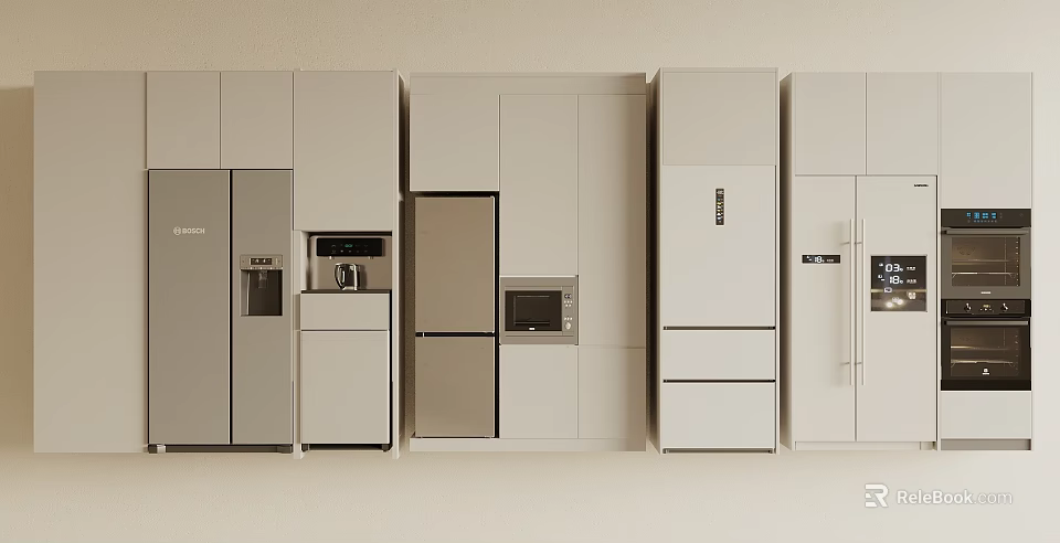 Modern Kitchen Interior With White And Gray Cabinets Refrigerator Microwave Coffee Maker 3d model