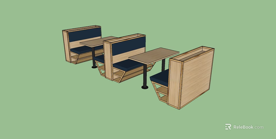 Wooden Public Chairs With Blue Seats And Booth Design For Restaurant Space 3d model 