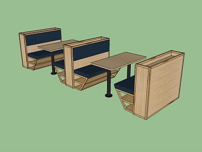 Wooden Public Chairs With Blue Seats And Booth Design For Restaurant Space 3d model