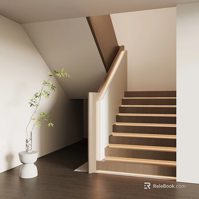 Modern Staircase With Wooden Steps Light Colored Railing And Green Plant In Interior 3d model 