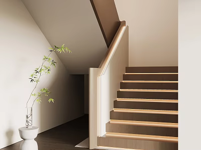 Modern Staircase With Wooden Steps Light Colored Railing And Green Plant In Interior 3d model