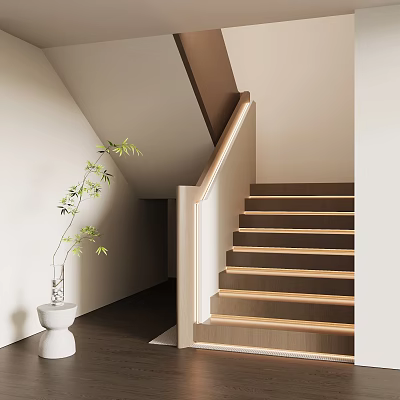 Modern Staircase With Wooden Steps Light Colored Railing And Green Plant In Interior 3d model