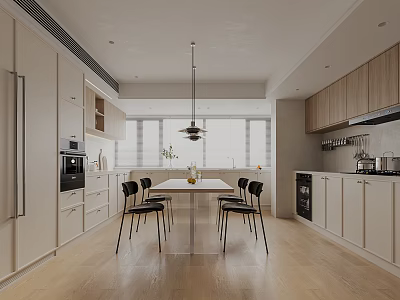 Modern Kitchen Interior Design With White Wooden Cabinets Central Dining Table Black Chairs And Appliances 3d model