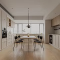Modern Kitchen Interior Design With White Wooden Cabinets Central Dining Table Black Chairs And Appliances
