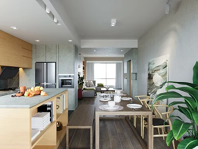 Bright Modern Open Plan Living And Dining Room Interior With Natural Wood And Cozy Furniture 3d model