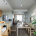 Bright Modern Open Plan Living And Dining Room Interior With Natural Wood And Cozy Furniture