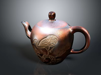Copper Teapot With Crane Carving And Pine Tree Design For Household Use 3d model