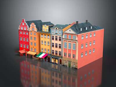Cartoon Scene Street View Featuring Colorful Buildings Different Roof Shapes And Ground Floor Shop Awnings 3d model