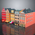 Cartoon Scene Street View Featuring Colorful Buildings Different Roof Shapes And Ground Floor Shop Awnings