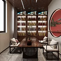 Modern Tobacco And Liquor Store Interior With Red Jars Fu Symbols Wooden Shelves And Products
