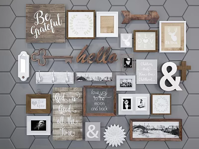 Rustic Photo Wall with Wooden Frames Black and White Photos Handwritten Quotes and Decorative Symbols 3d model