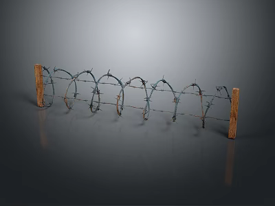 Barbed Wire Fence With Wooden Posts And Sharp Barbs Structure Design 3d model