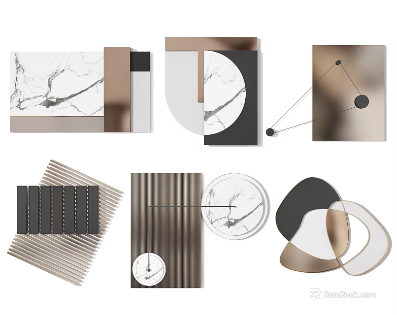 Modern Geometric Wall Decor With Marble Texture And Metallic Elements In Brown Black White Tones 3d model