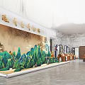 Modern Lobby Interior With Carved Relief Wall And Hanging Chandeliers