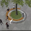Round Tree Pit with Wooden Seating Area Paved Ground and Green Foliage in Public Space
