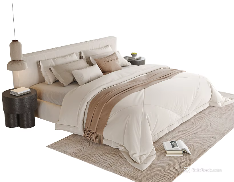 Double Bed with Beige Bedding Black Nightstands Table Lamps and Books on Rug 3d model 