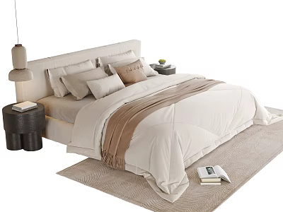 Double Bed with Beige Bedding Black Nightstands Table Lamps and Books on Rug 3d model