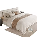 Double Bed with Beige Bedding Black Nightstands Table Lamps and Books on Rug