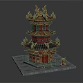 Cartoon Chinese Traditional Tower With Golden Decorations And Red Doors On Gray Stone Base