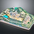 Detailed Terrain Model With Green Areas Blue Water Body Buildings And Pathways