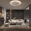Modern Hotel Guest Room Featuring Large Screen TV Fireplace Sofa And Circular Ceiling Light