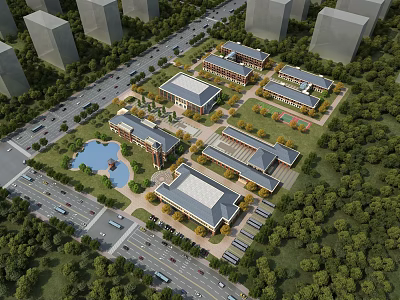Aerial Community Planning With Building Complex Greenery Roads And Central Pond 3d model